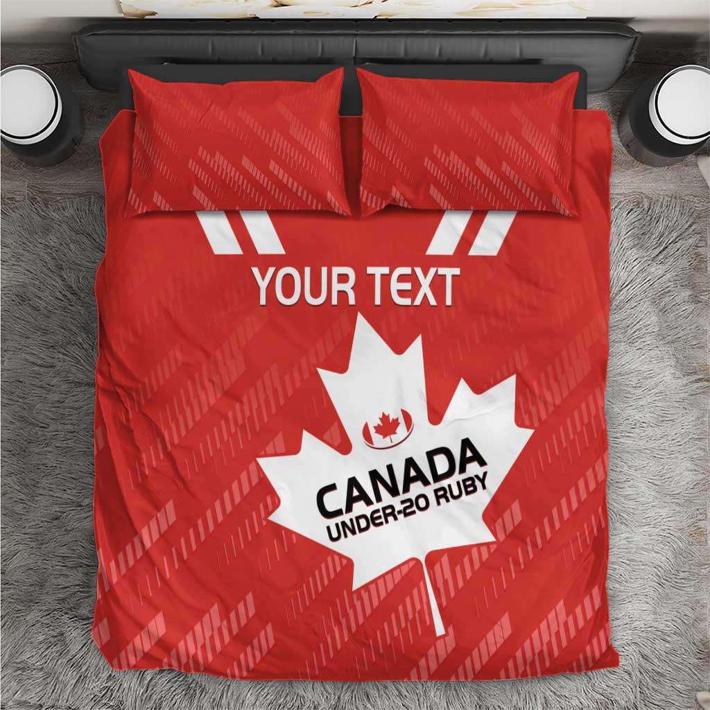 Red duvet cover with Canada rugby maple leaf design and 'YOUR TEXT' center