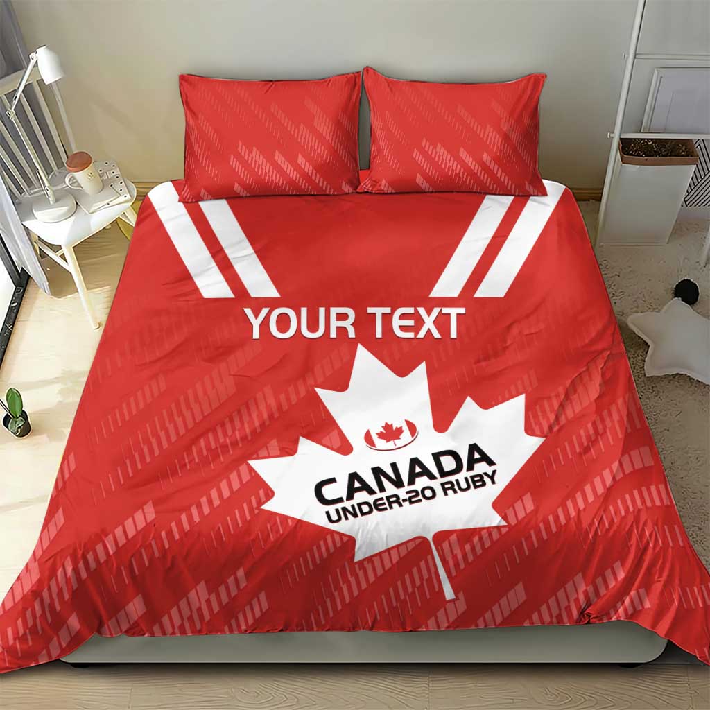 Red Canada rugby bedding set with maple leaf graphic, two pillowcases, 'YOUR TEXT'