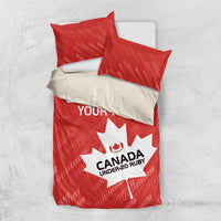 Red Canada rugby bedding set with maple leaf graphic and two matching pillowcases
