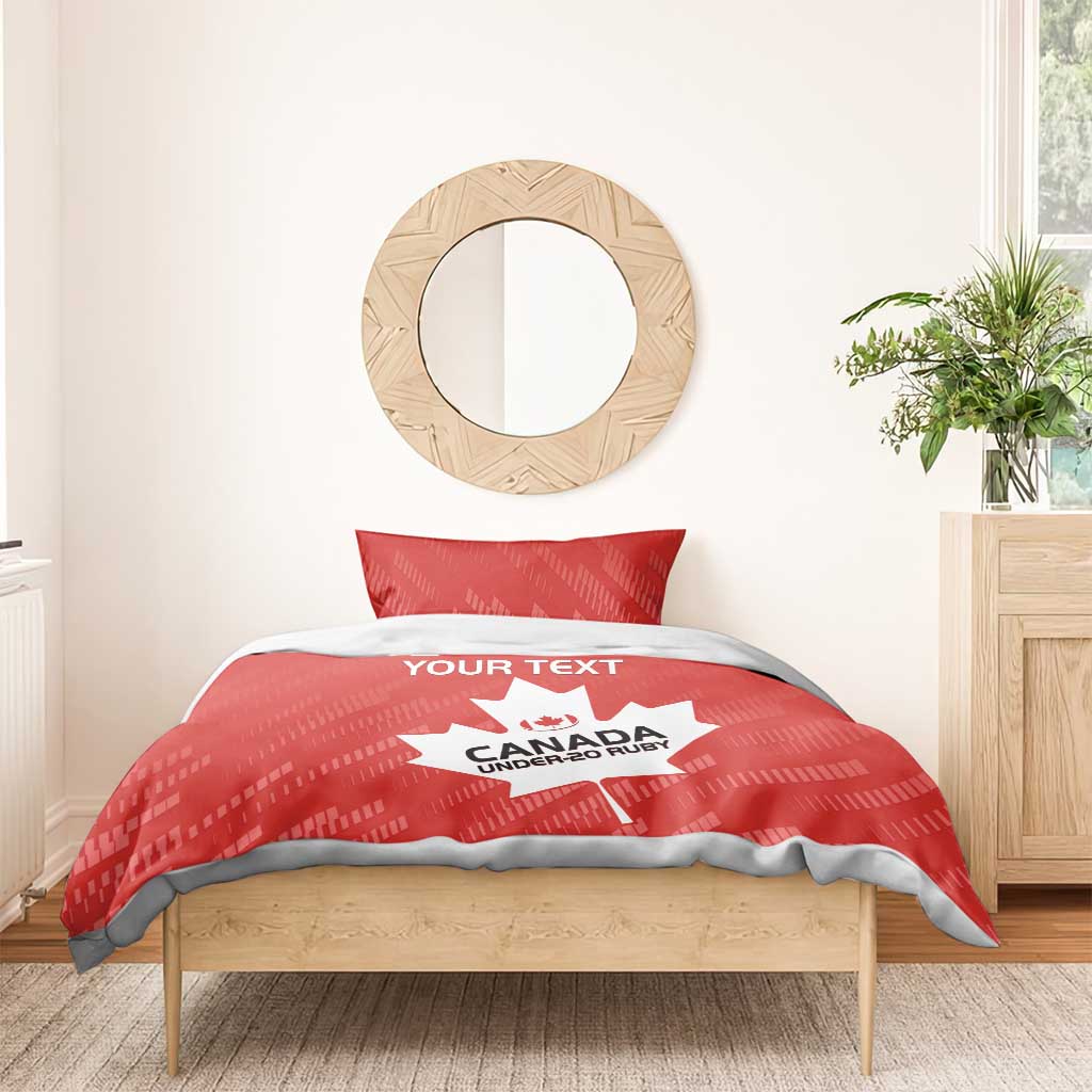 Red duvet cover bedding set with maple leaf and 'YOUR TEXT' on pillow