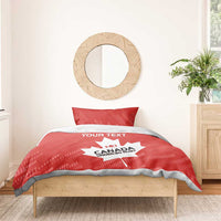 Red duvet cover bedding set with maple leaf and 'YOUR TEXT' on pillow