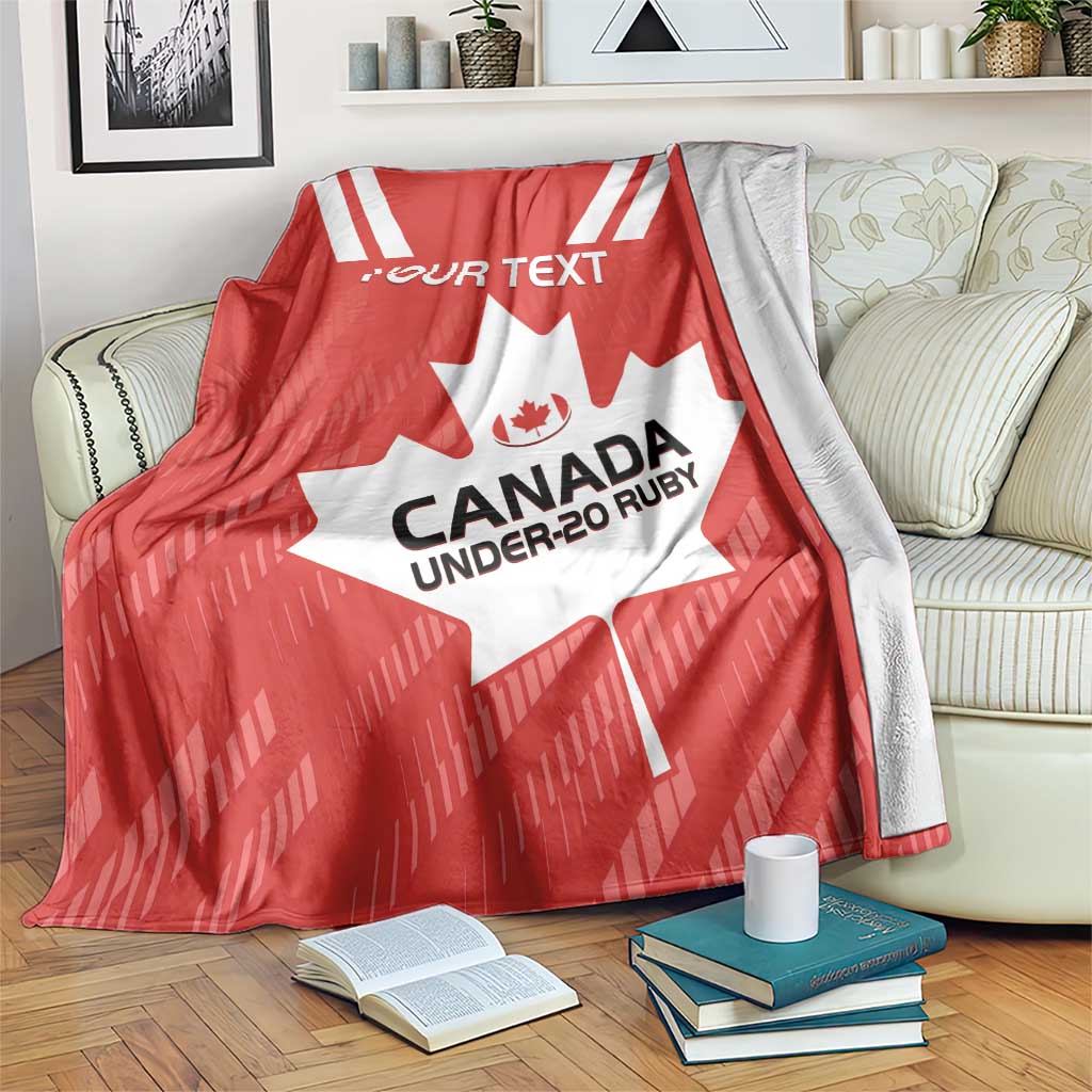 Red Canada Under-20 Rugby blanket with maple leaf graphic, white stripes, your text