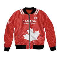 Red rugby bomber jacket with white Canada maple leaf, zip front, black cuffs