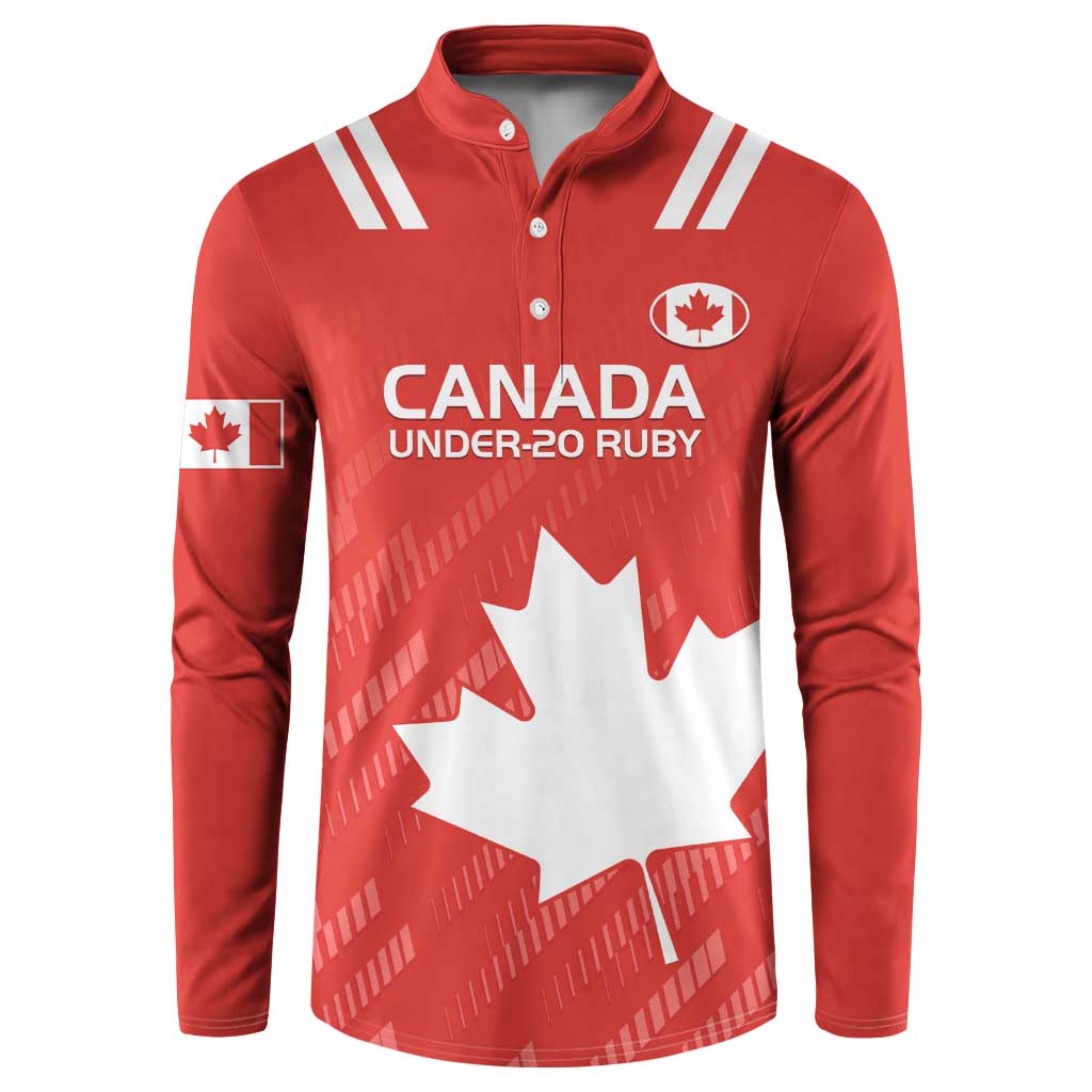 Red rugby button sweatshirt, Canada Under-20 Ruby logo and maple leaf, white chest print.