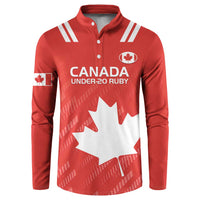 Red rugby button sweatshirt, Canada Under-20 Ruby logo and maple leaf, white chest print.