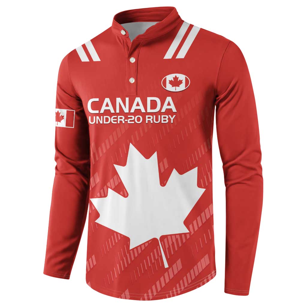 Red rugby button sweatshirt, Canada Under-20 Ruby chest graphic, maple leaf crest on sleeve.