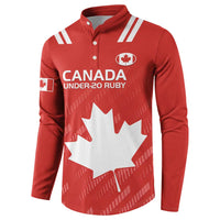Red rugby button sweatshirt, Canada Under-20 Ruby chest graphic, maple leaf crest on sleeve.