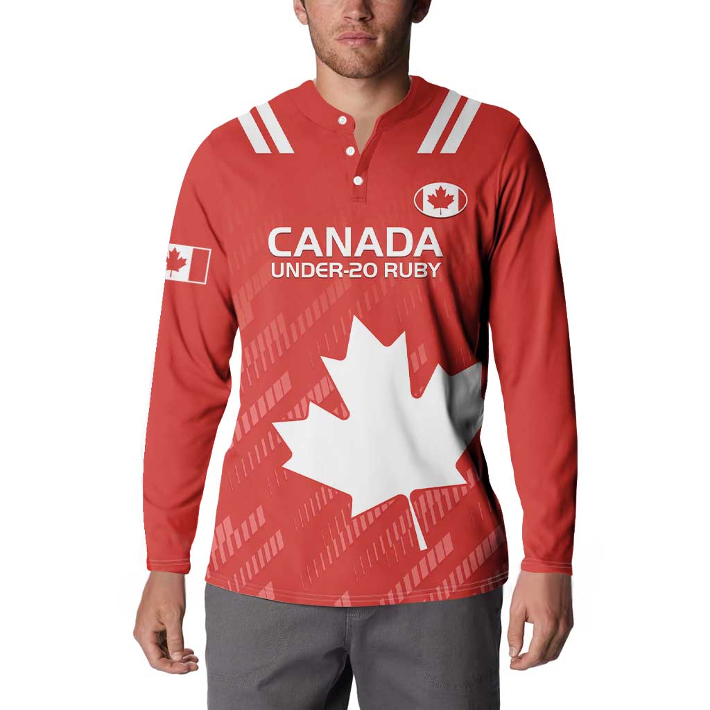 Red rugby button sweatshirt with Canada Under-20 Ruby text, maple leaf emblem, striped shoulders.