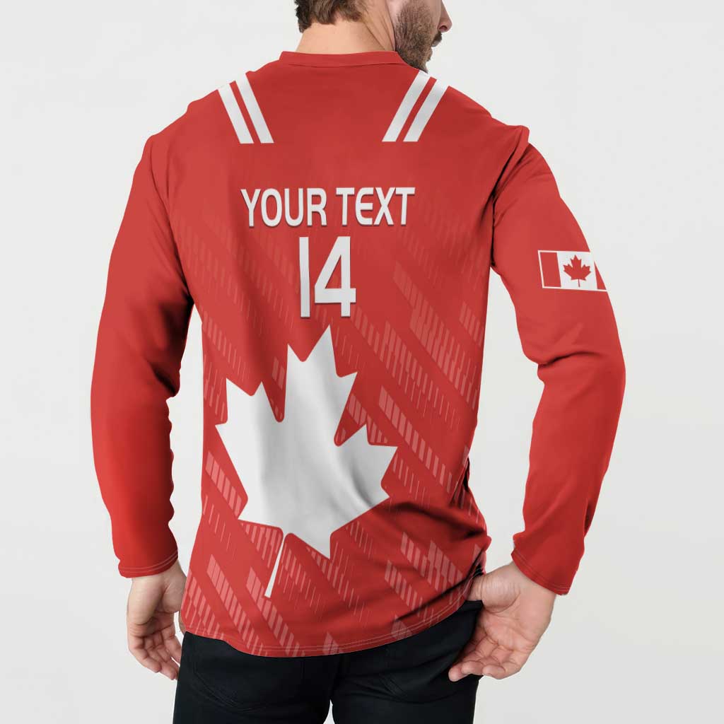 Red rugby button sweatshirt, back YOUR TEXT 14 and maple leaf graphic, striped shoulder bars.