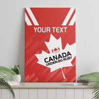 Framed red canvas wall art with "YOUR TEXT" and Canada Under-20 Rugby maple leaf graphic