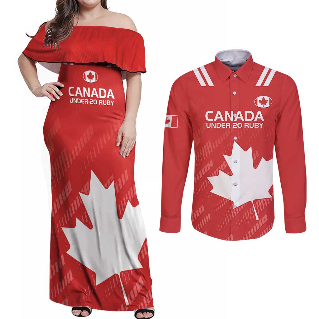 Custom Canada Rugby Couples Matching Off Shoulder Maxi Dress and Long Sleeve Button Shirt 2024 Go Champions Maple Leaf - Wonder Print Shop