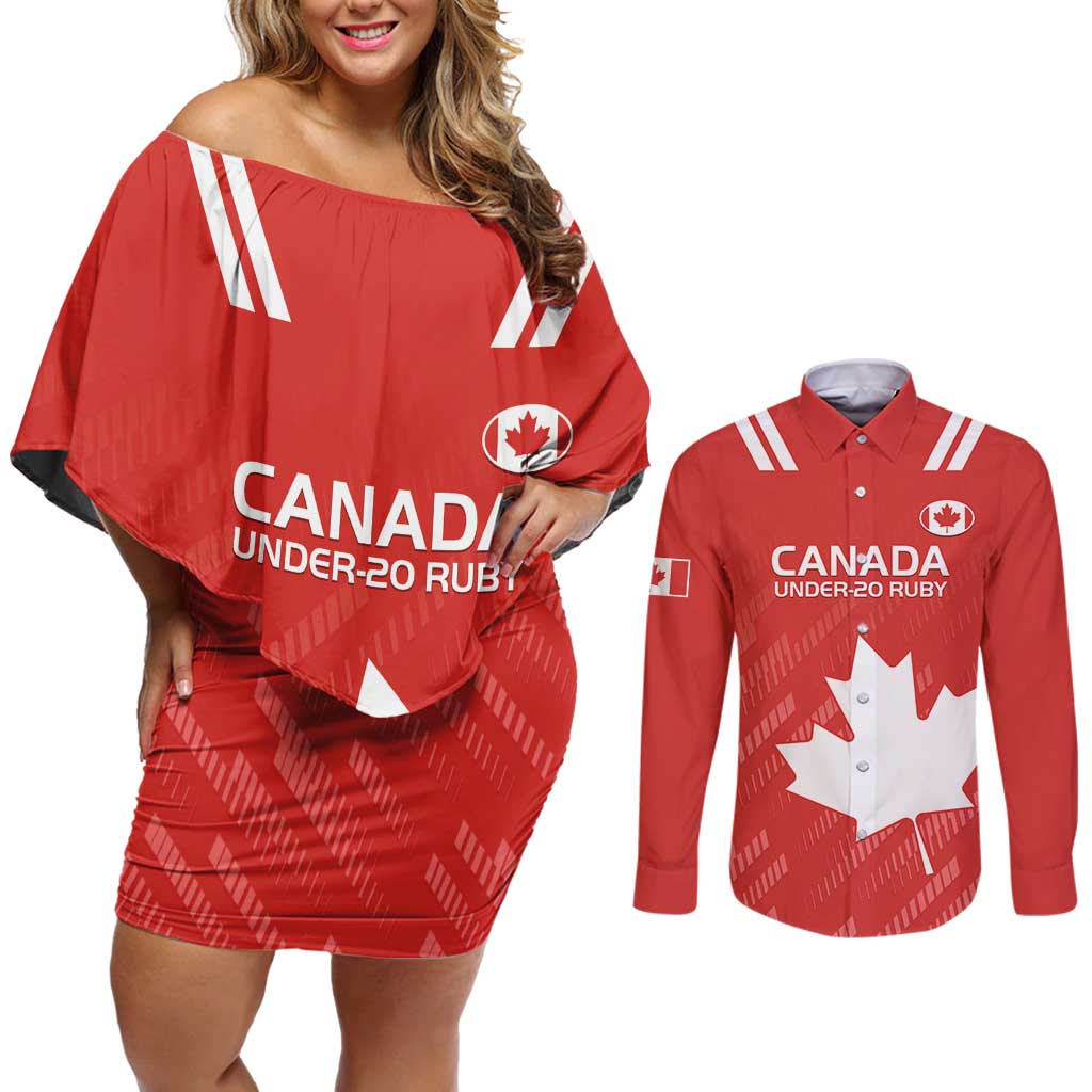 Custom Canada Rugby Couples Matching Off Shoulder Short Dress and Long Sleeve Button Shirt 2024 Go Champions Maple Leaf - Wonder Print Shop