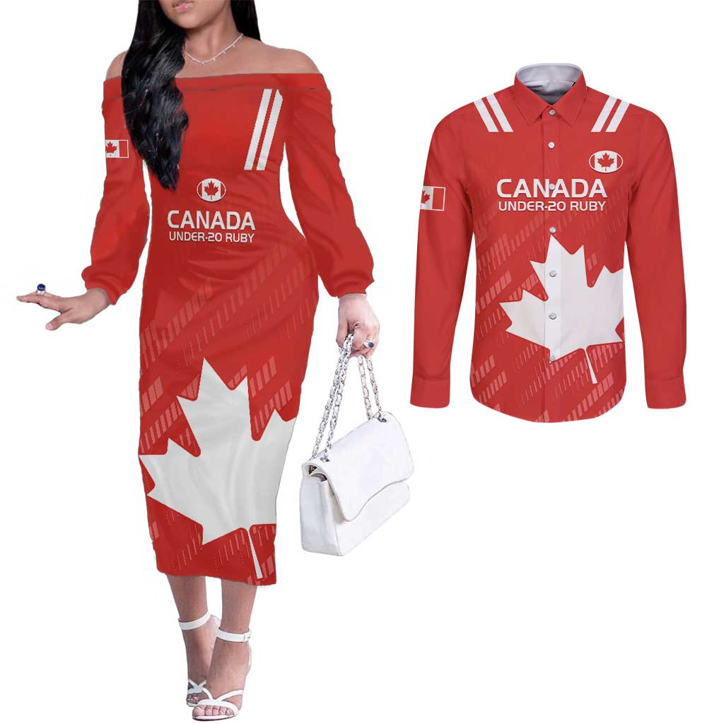 Custom Canada Rugby Couples Matching Off The Shoulder Long Sleeve Dress and Long Sleeve Button Shirt 2024 Go Champions Maple Leaf