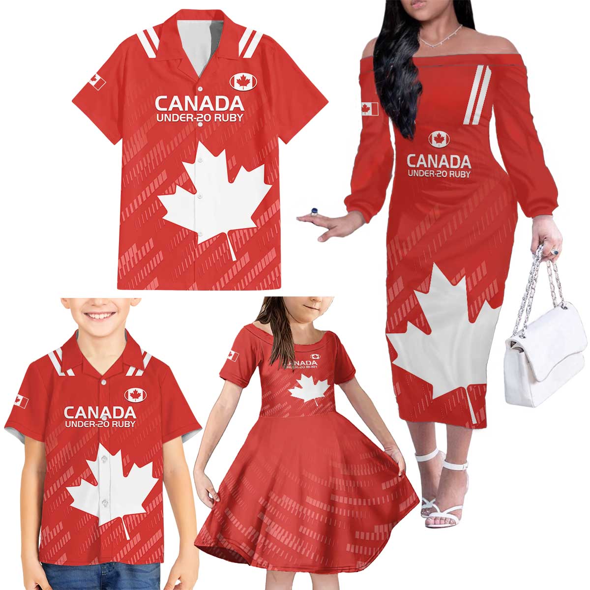 Custom Canada Rugby Family Matching Off The Shoulder Long Sleeve Dress and Hawaiian Shirt 2024 Go Champions Maple Leaf - Wonder Print Shop