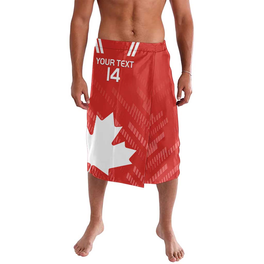 Red lavalava shorts with elastic waistband; 'YOUR TEXT' and 14, layered side hem