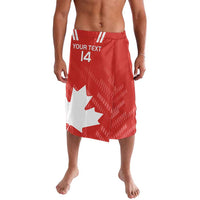 Red lavalava shorts with elastic waistband; 'YOUR TEXT' and 14, layered side hem