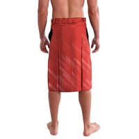 Red patterned lavalava with elastic waistband and side slits, back view