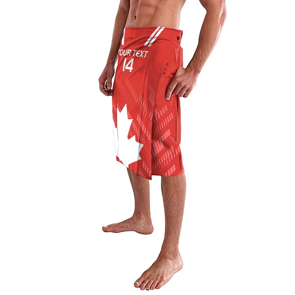 Red lavalava shorts, elastic waistband; 'YOUR TEXT' and 14 with maple leaf print