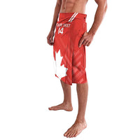 Red lavalava shorts, elastic waistband; 'YOUR TEXT' and 14 with maple leaf print