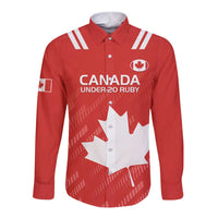 Red long-sleeve rugby button shirt with white maple leaf graphic and collar