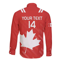 Red long-sleeve rugby button shirt, back print 'YOUR TEXT 14' with maple leaf