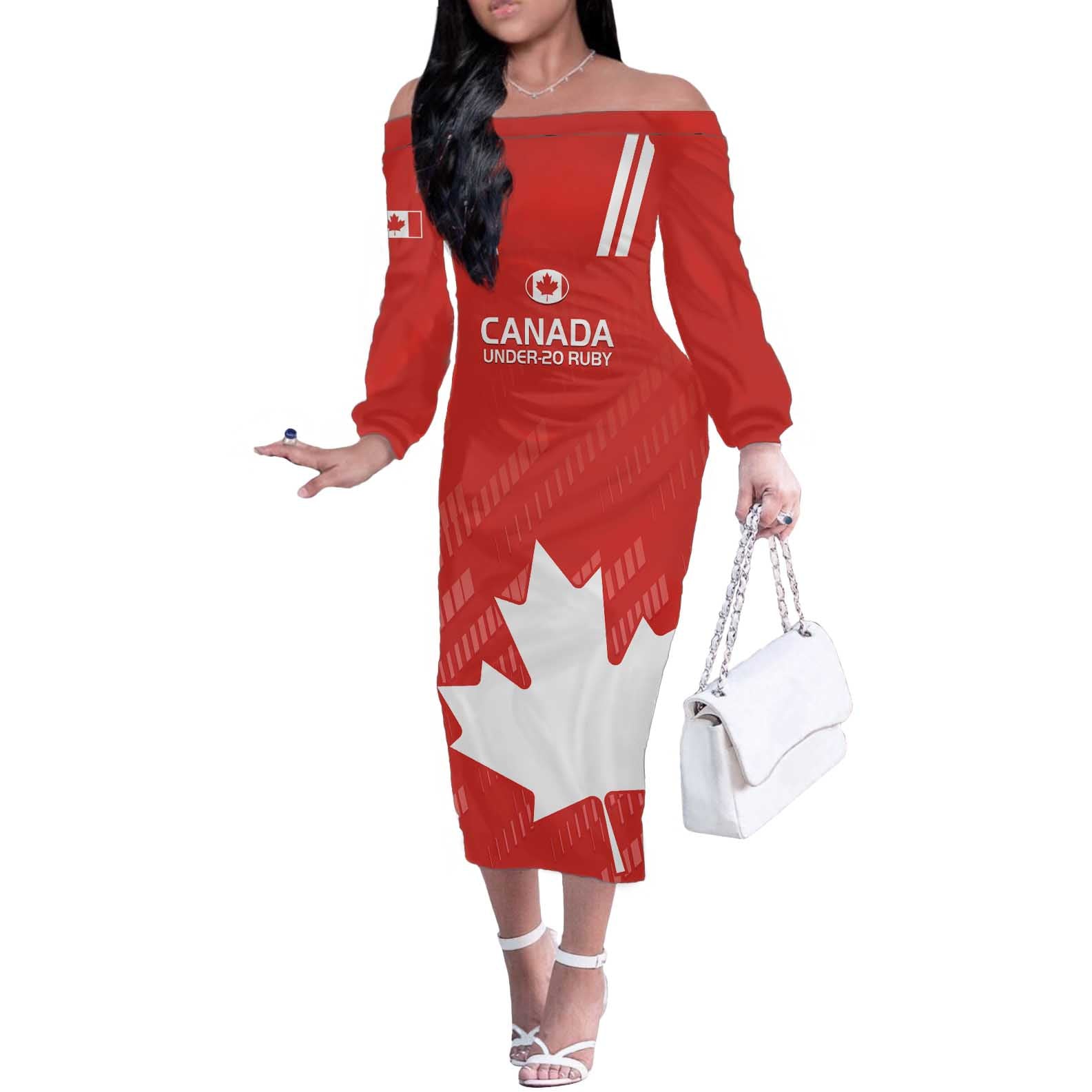 Custom Canada Rugby Off The Shoulder Long Sleeve Dress 2024 Go Champions Maple Leaf - Wonder Print Shop