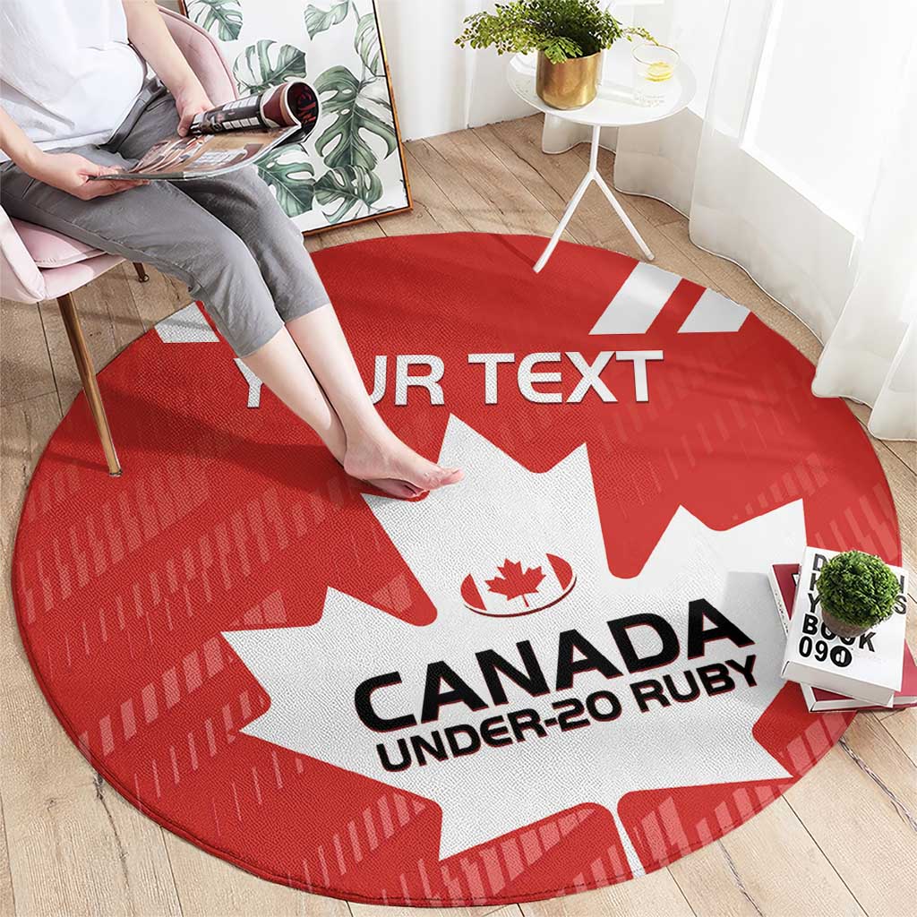 Round red rug with white maple leaf and “CANADA UNDER-20 RUGBY” graphic, custom text