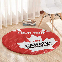 Red round rugby carpet with white maple leaf and “CANADA UNDER-20 RUGBY” plus “YOUR TEXT”