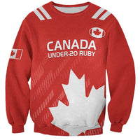 Red Canada rugby sweatshirt with white maple leaf graphic and Under-20 Ruby text