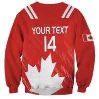 Red rugby sweatshirt back with YOUR TEXT 14 and white maple leaf