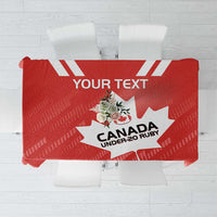 Red rugby tablecloth with maple leaf design and text: “YOUR TEXT” and “CANADA UNDER-20 RUGBY”.
