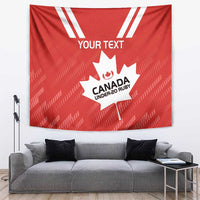 Red Canada rugby tapestry with white stripes and maple leaf graphic, personalized text area
