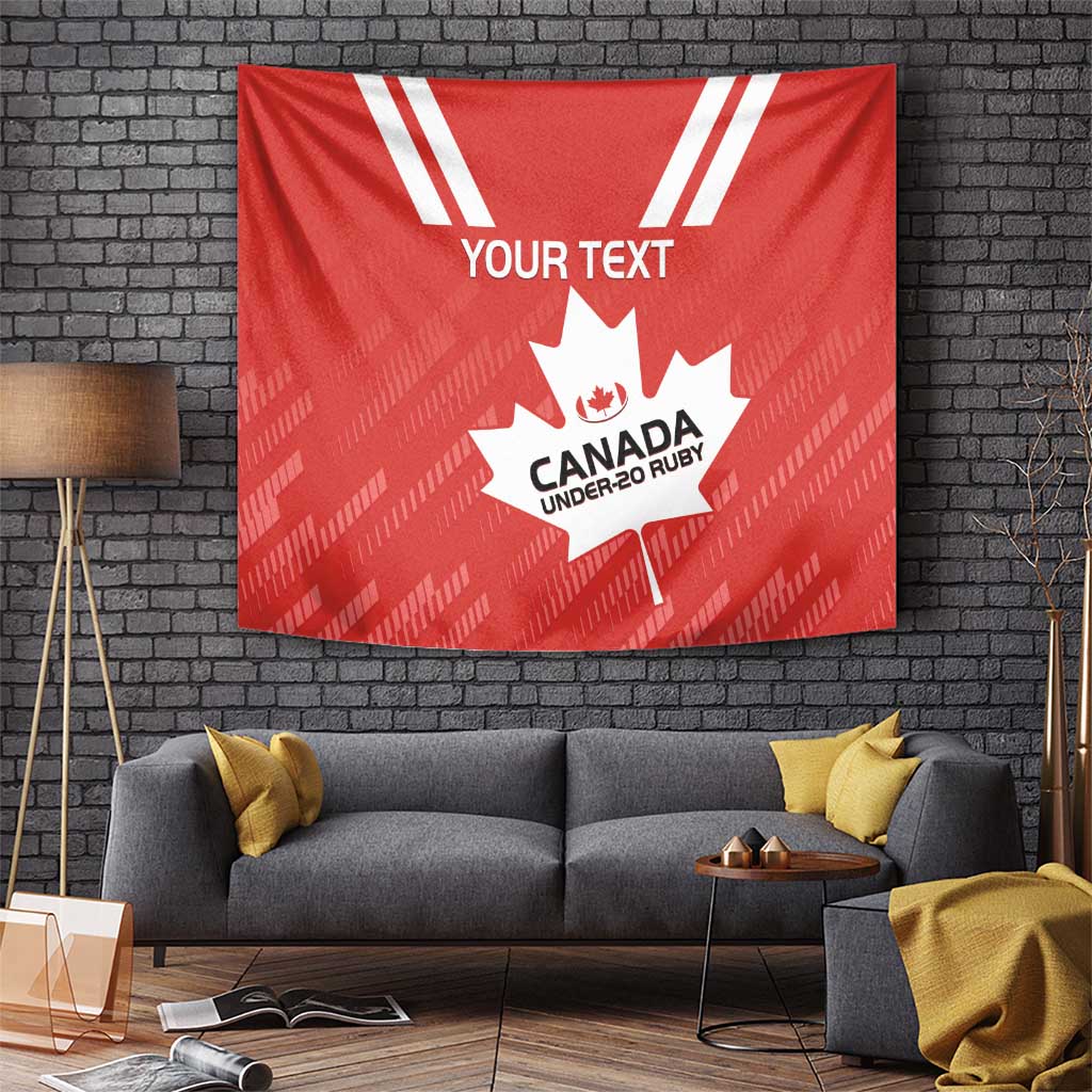 Red Canada rugby tapestry wall hanging with white stripes and maple leaf emblem, custom text