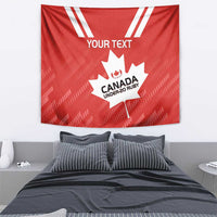 Red Canada rugby tapestry featuring white stripes and maple leaf emblem, custom text