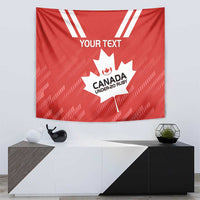 Red Canada rugby tapestry with white stripes and maple leaf logo, custom text on front