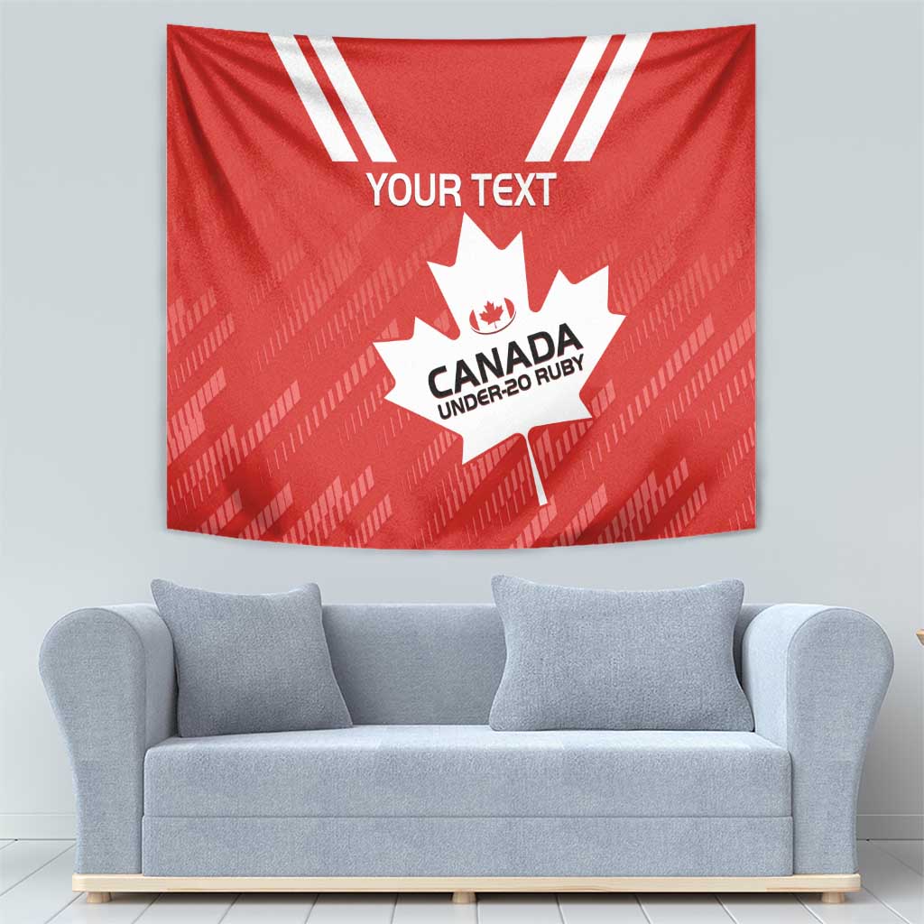 Red Canada rugby tapestry with white stripes and maple leaf emblem, personalized text space