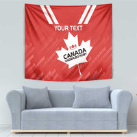 Red Canada rugby tapestry with white stripes and maple leaf emblem, personalized text space