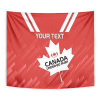 Red Canada rugby tapestry with white stripes, maple leaf emblem, and custom text area