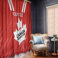 Red Canada-themed window curtains with white maple leaf stripes and custom text panel