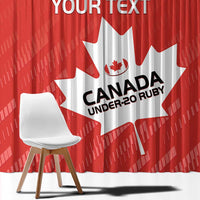 Red and white Canada maple leaf print curtain with “CANADA UNDER-20 RUGBY” text
