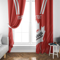 Red window curtain set with Canada maple leaf design and custom text, gathered at the side