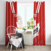 Red Canada rugby curtains with white maple leaf stripes and custom text, hanging on hooks