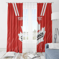 Red Canada-themed curtains with grommet tops, white maple leaf design, and custom text