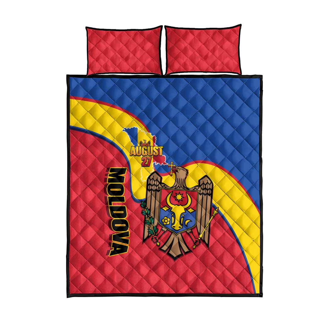 Quilt bed set with two red pillows, Moldova graphic, and August 27 text on red-blue-yellow