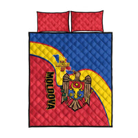 Quilt bed set with two red pillows, Moldova graphic, and August 27 text on red-blue-yellow