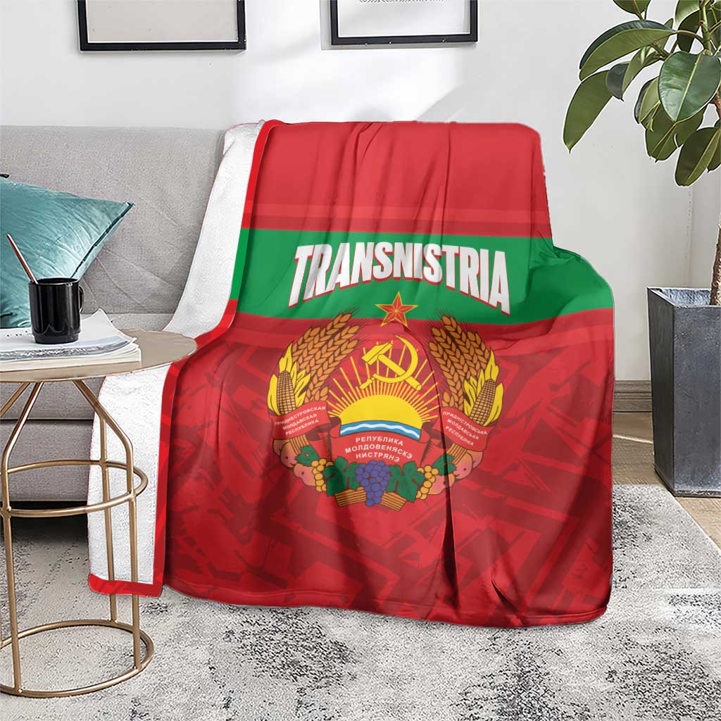 Transnistria flag-style throw blanket with coat of arms, spread on a living room chair