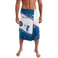 Blue and white archery graphic wrap-style shorts with elastic waistband, front view