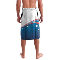 Blue and white archery graphic wrap-style shorts with elastic waistband, back view
