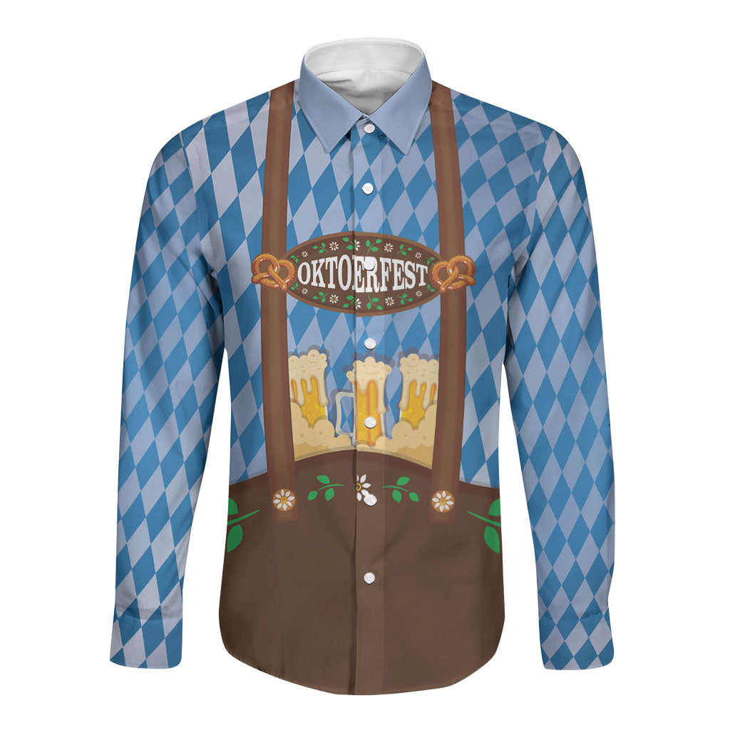 Lederhosen Oktoberfest Long Sleeve Button Shirt Beers Bavarian Diamond Pattern