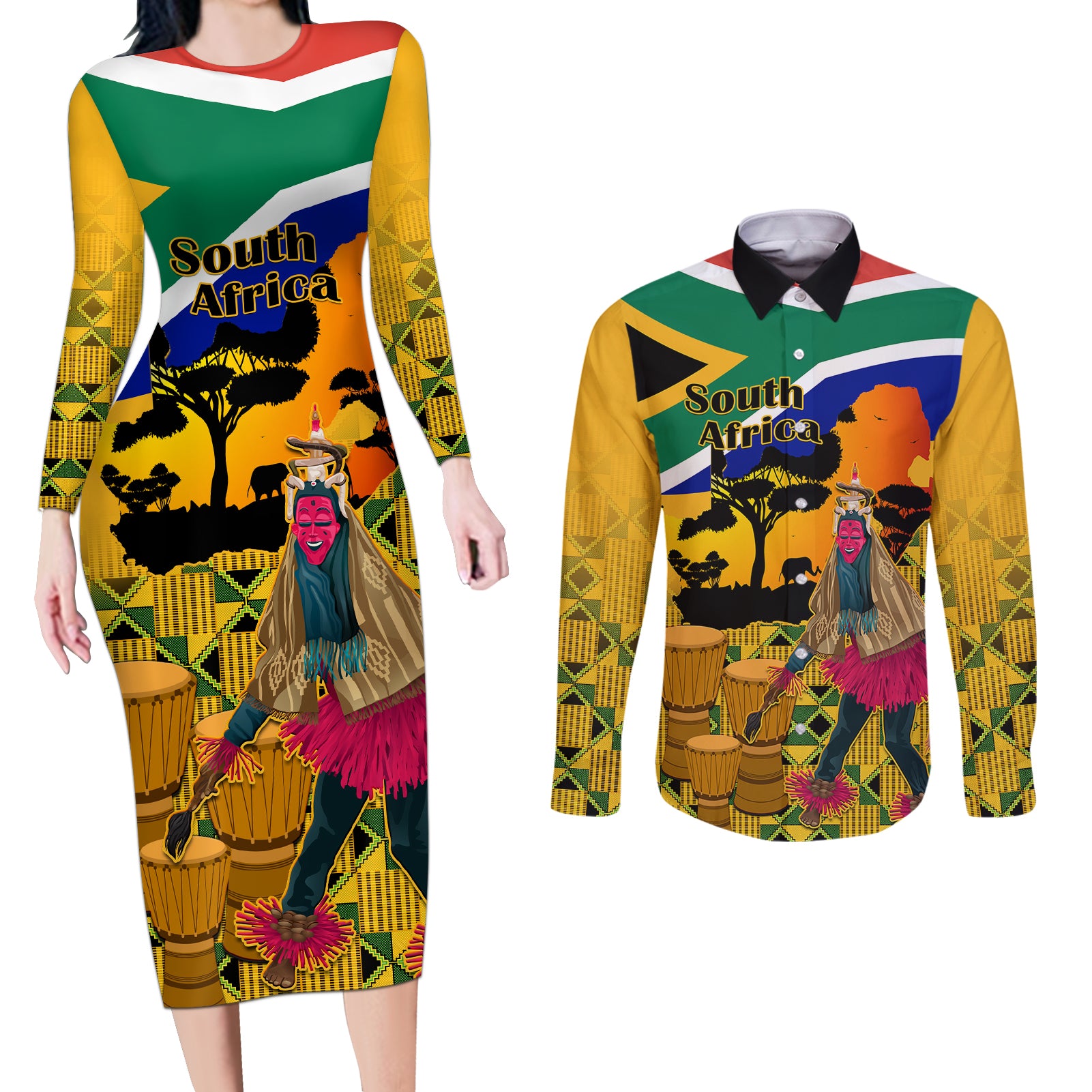 South Africa Heritage Day Couples Matching Long Sleeve Bodycon Dress and Long Sleeve Button Shirts Traditional Dancer Kente Pattern With Flag Style - Wonder Print Shop